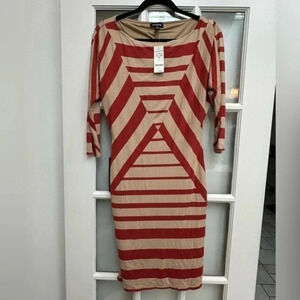 Bebe | Hyde Park Diamond Stripe Boatneck Fitted Dress Red Tan Size L Large NWT